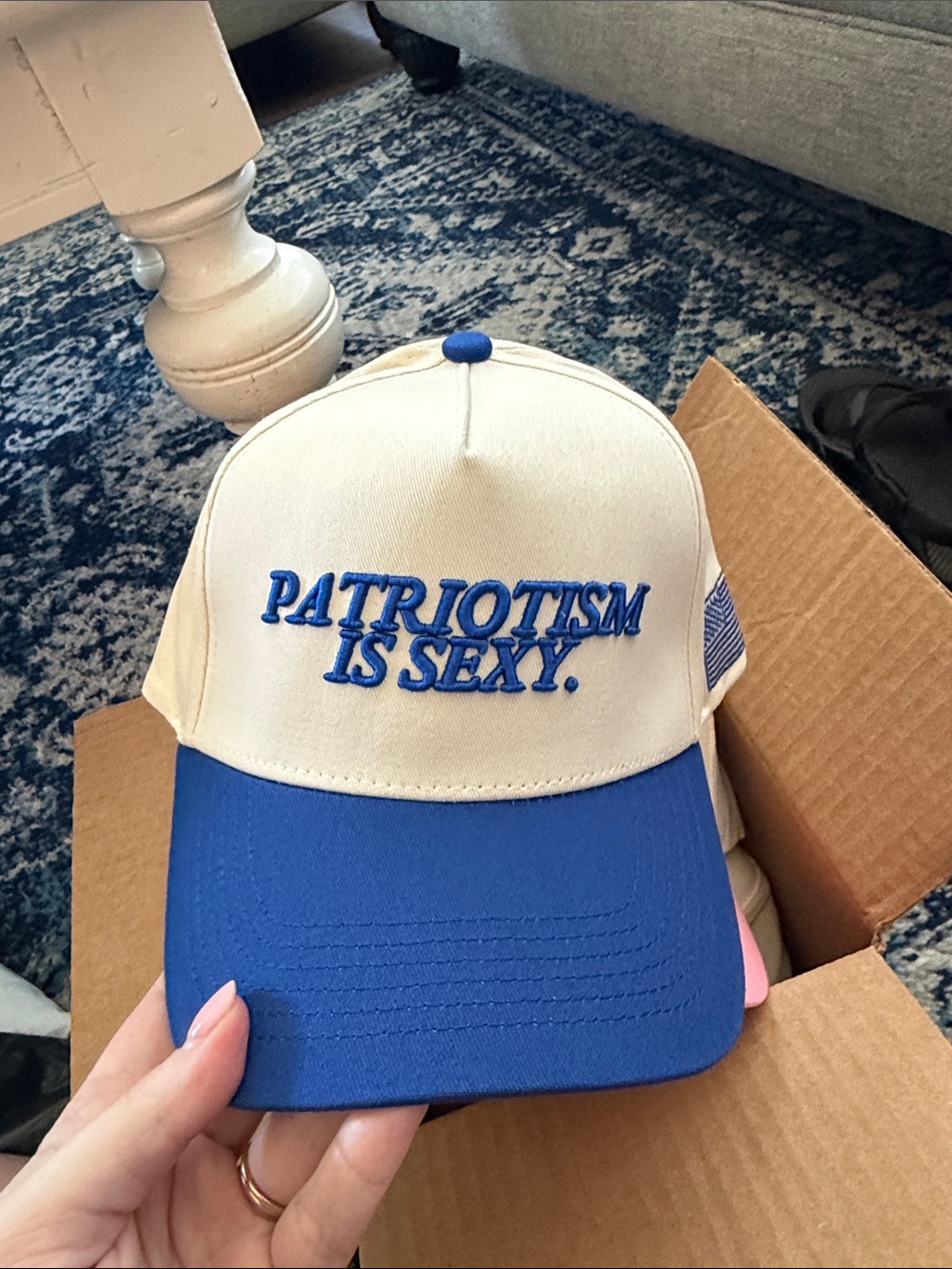 Beige & Royal Blue 'Patriotism Is Sexy' Trucker Hat